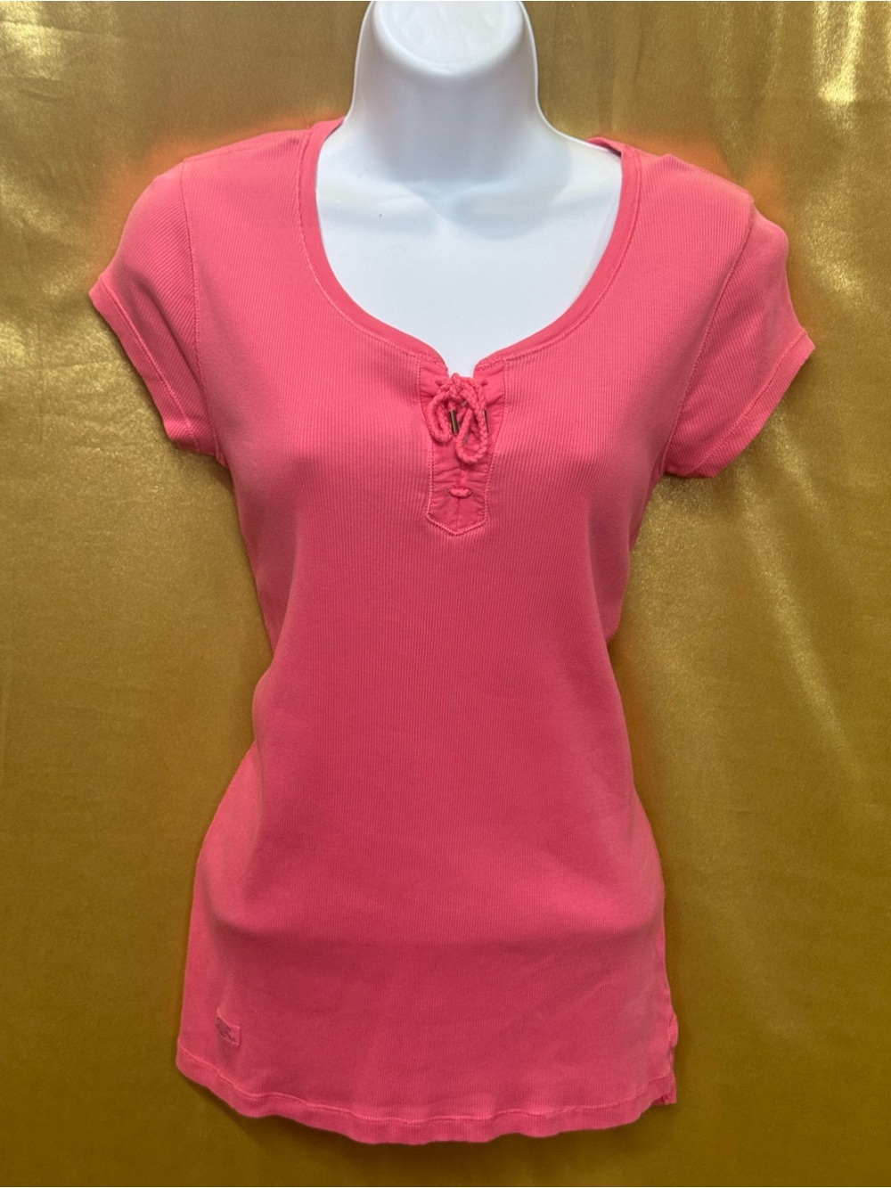 Lauren Ralph Lauren Pink Ribbed Lace-Up Tee Size Small 100% Cotton